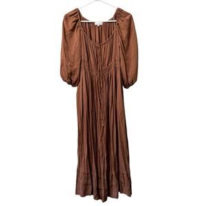 Balticborn Women Dress Size XL Brown Rayon Stretch‎ Tie Top Peasant Cottagecore